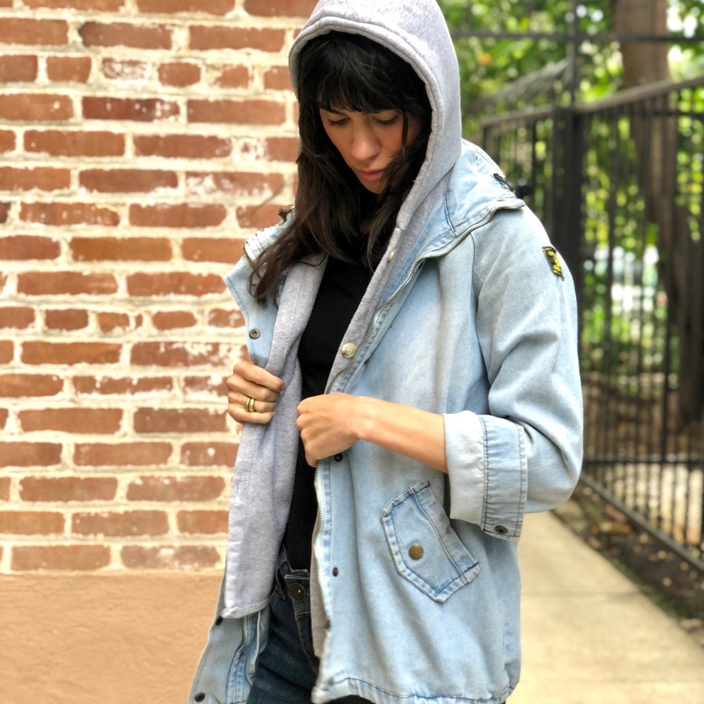 Jean Jacket with Grey Cotton Vest Liner with Hood